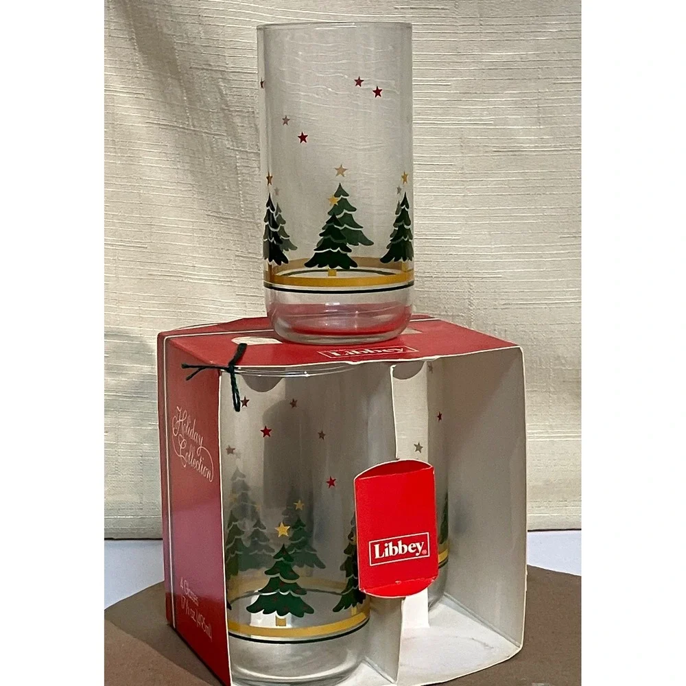 Libbey Glassware 2 Sets of four 17.5oz Clear Excellent Christmas Wreath Tree 8pc